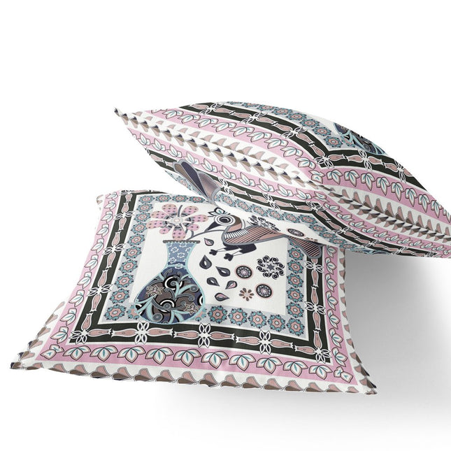 Set of Two Pink Black And Gray Peacock Indoor Outdoor Throw Pillow