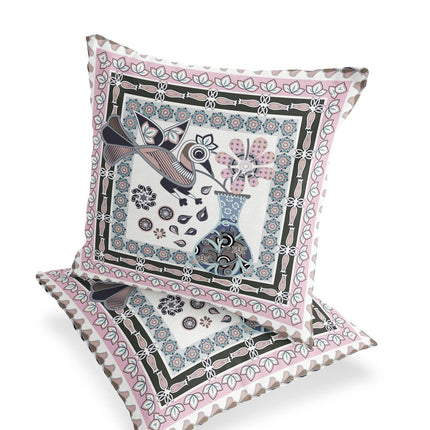 Set of Two Pink Black And Gray Peacock Indoor Outdoor Throw Pillow HomeRoots
