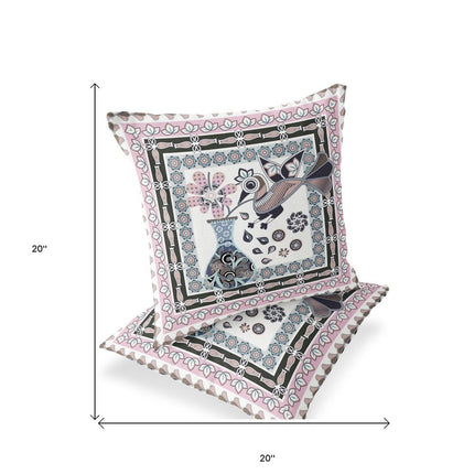Set of Two Pink Black And Gray Peacock Indoor Outdoor Throw Pillow HomeRoots