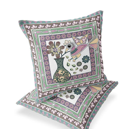 Set of Two Pink Brown And Green Peacock Indoor Outdoor Throw Pillow