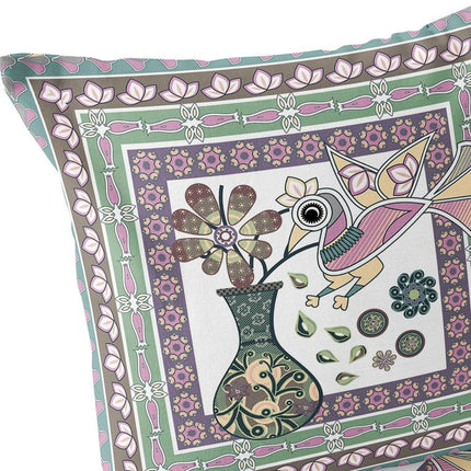 Set of Two Pink Brown And Green Peacock Indoor Outdoor Throw Pillow