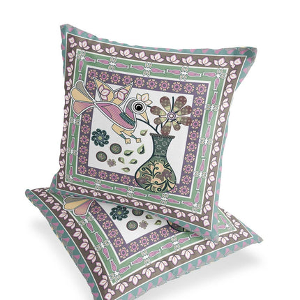 Set of Two Pink Brown And Green Peacock Indoor Outdoor Throw Pillow