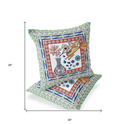 Set of Two Red White And Blue Peacock Indoor Outdoor Throw Pillow HomeRoots