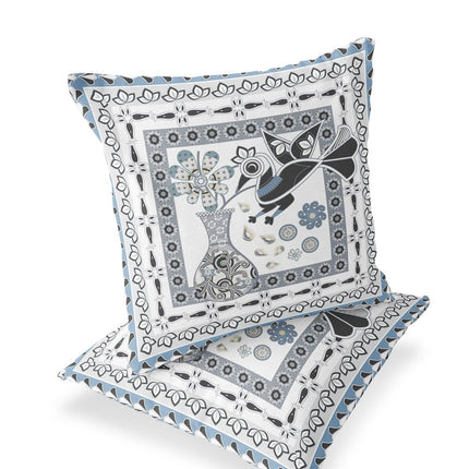 Set of Two White Black Gray And Blue Peacock Indoor Outdoor Throw Pillow HomeRoots