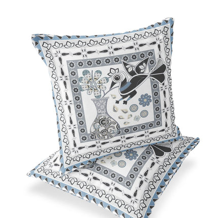 Set of Two White Black Gray And Blue Peacock Indoor Outdoor Throw Pillow