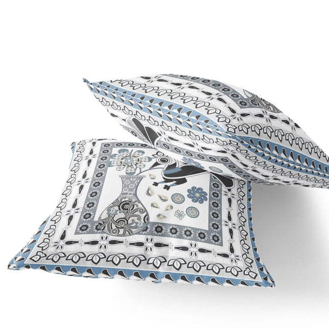 Set of Two White Black Gray And Blue Peacock Indoor Outdoor Throw Pillow