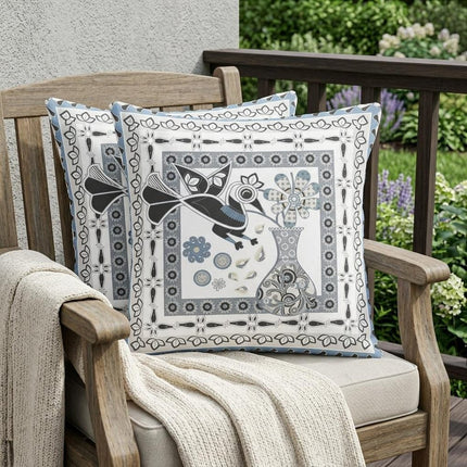 Set of Two White Black Gray And Blue Peacock Indoor Outdoor Throw Pillow
