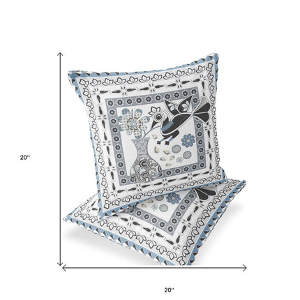 Set of Two White Black Gray And Blue Peacock Indoor Outdoor Throw Pillow