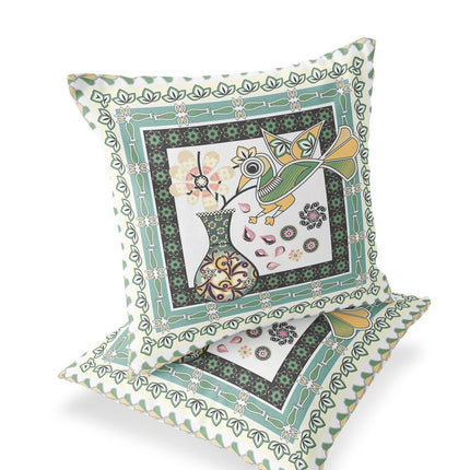Set of Two White Black Yellow And Green Peacock Indoor Outdoor Throw Pillow HomeRoots