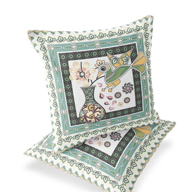 Set of Two White Black Yellow And Green Peacock Indoor Outdoor Throw Pillow