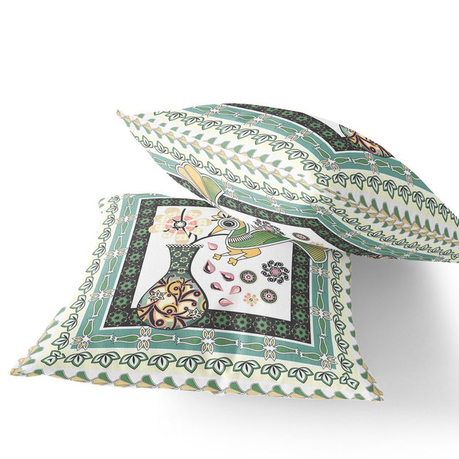 Set of Two White Black Yellow And Green Peacock Indoor Outdoor Throw Pillow