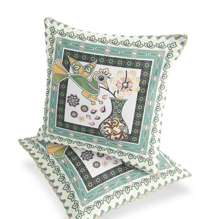 Set of Two White Black Yellow And Green Peacock Indoor Outdoor Throw Pillow HomeRoots