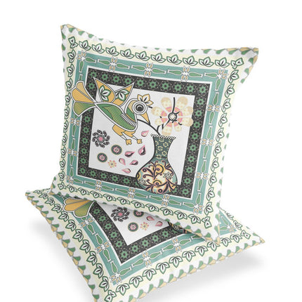 Set of Two White Black Yellow And Green Peacock Indoor Outdoor Throw Pillow HomeRoots