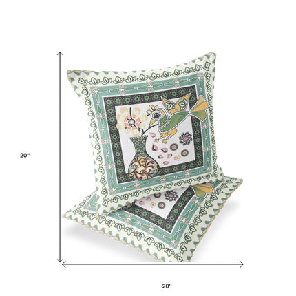 Set of Two White Black Yellow And Green Peacock Indoor Outdoor Throw Pillow HomeRoots