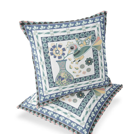 Set of Two White And Blue Peacock Indoor Outdoor Throw Pillow