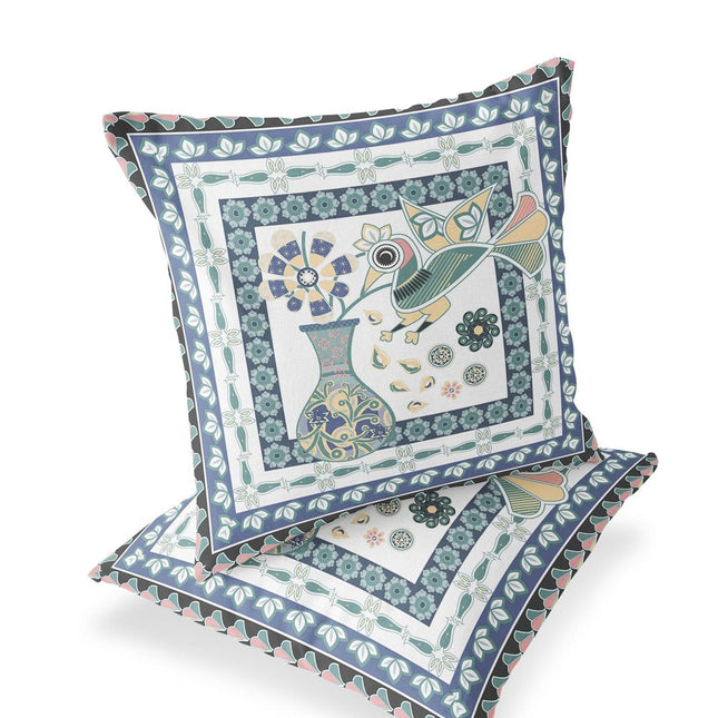 Set of Two White And Blue Peacock Indoor Outdoor Throw Pillow