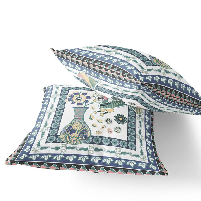 Set of Two White And Blue Peacock Indoor Outdoor Throw Pillow