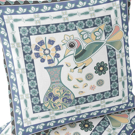 Set of Two White And Blue Peacock Indoor Outdoor Throw Pillow
