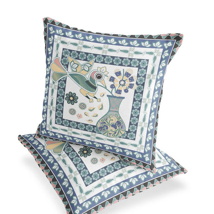 Set of Two White And Blue Peacock Indoor Outdoor Throw Pillow