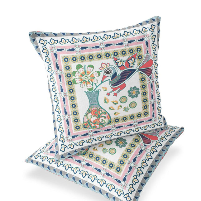 Set of Two White Pink And Gray Peacock Indoor Outdoor Throw Pillow
