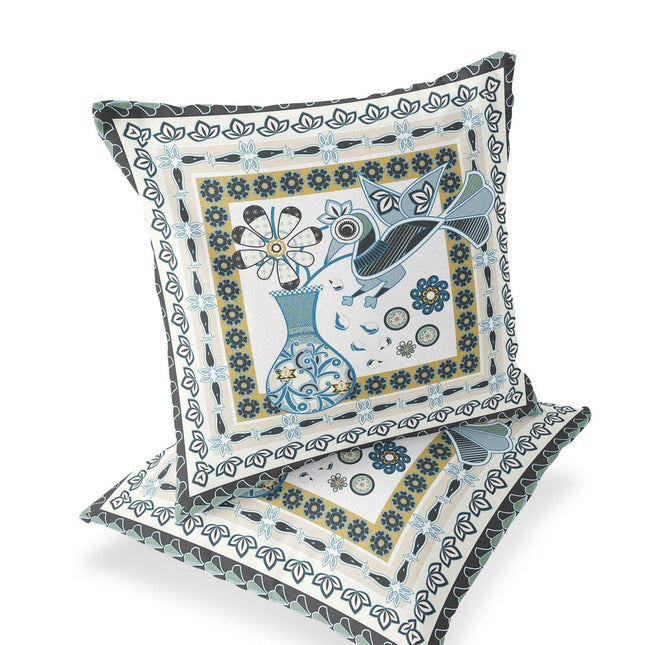 Set of Two White Yellow Black And Light Blue Peacock Indoor Outdoor Throw Pillow