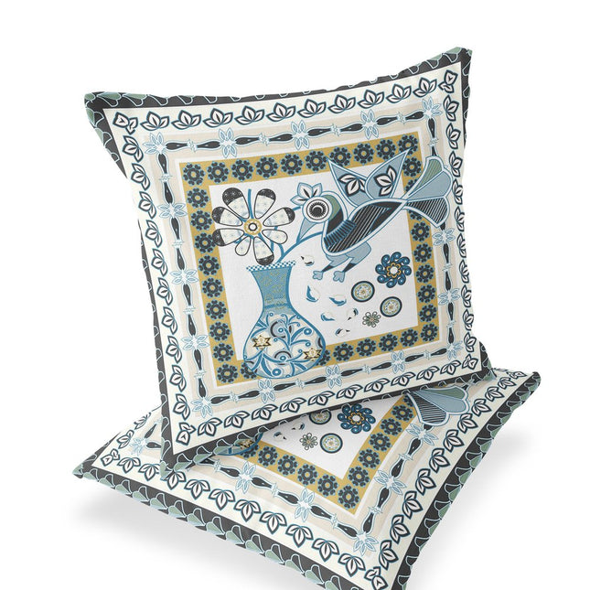 Set of Two White Yellow Black And Light Blue Peacock Indoor Outdoor Throw Pillow HomeRoots