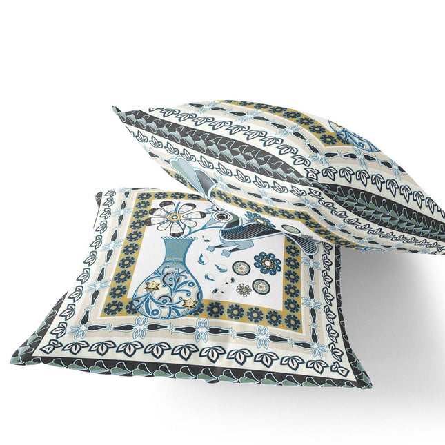 Set of Two White Yellow Black And Light Blue Peacock Indoor Outdoor Throw Pillow