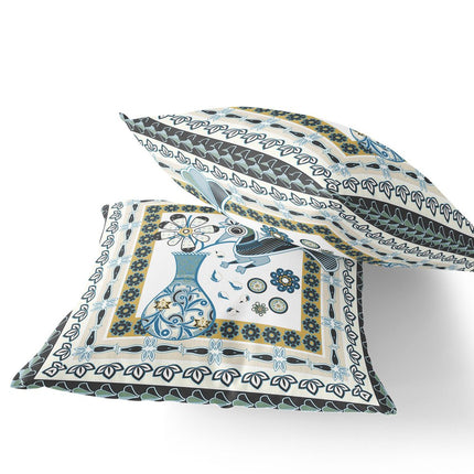 Set of Two White Yellow Black And Light Blue Peacock Indoor Outdoor Throw Pillow HomeRoots