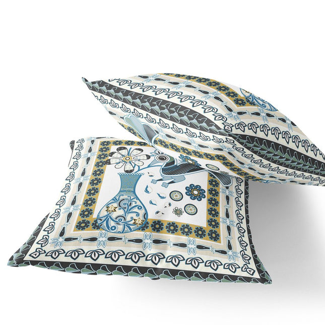 Set of Two White Yellow Black And Light Blue Peacock Indoor Outdoor Throw Pillow HomeRoots