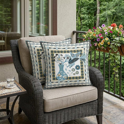 Set of Two White Yellow Black And Light Blue Peacock Indoor Outdoor Throw Pillow HomeRoots