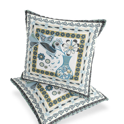 Set of Two White Yellow Black And Light Blue Peacock Indoor Outdoor Throw Pillow HomeRoots