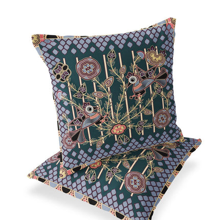 Set of Two Dark Green Blue Gray And Pink Peacock Indoor Outdoor Throw Pillow