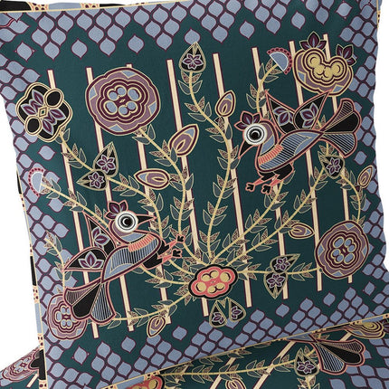 Set of Two Dark Green Blue Gray And Pink Peacock Indoor Outdoor Throw Pillow