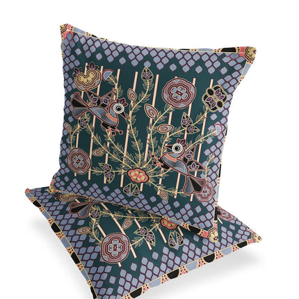 Set of Two Dark Green Blue Gray And Pink Peacock Indoor Outdoor Throw Pillow HomeRoots