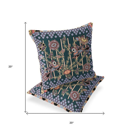 Set of Two Dark Green Blue Gray And Pink Peacock Indoor Outdoor Throw Pillow HomeRoots
