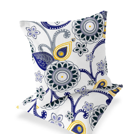 Set of Two Navy Blue Black Yellow Gray And White Floral Indoor Outdoor Throw Pillow