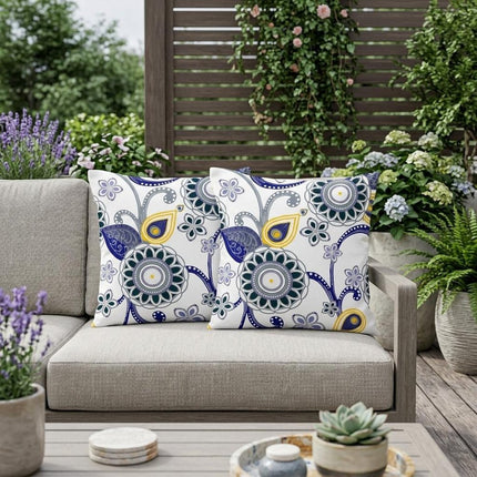Set of Two Navy Blue Black Yellow Gray And White Floral Indoor Outdoor Throw Pillow HomeRoots
