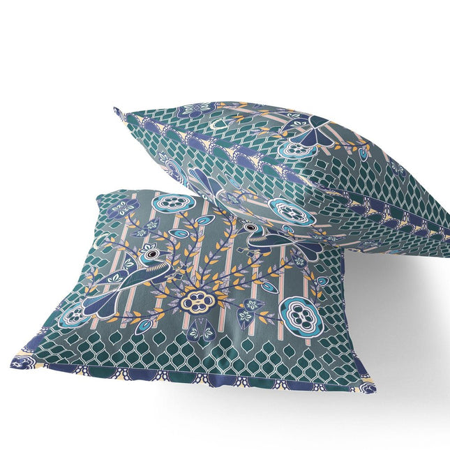 Set of Two Gray Blue And Light Blue Peacock Indoor Outdoor Throw Pillow
