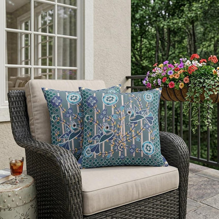 Set of Two Gray Blue And Light Blue Peacock Indoor Outdoor Throw Pillow HomeRoots