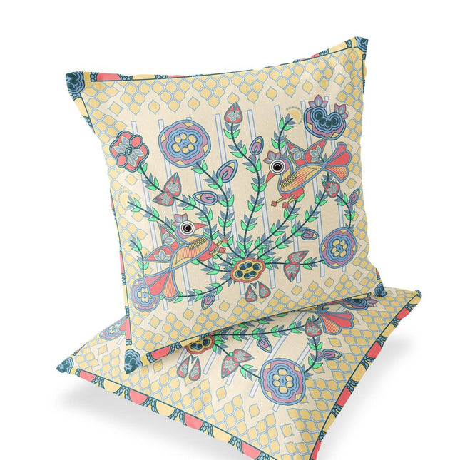 Set of Two Yellow Blue And Pink Peacock Indoor Outdoor Throw Pillow