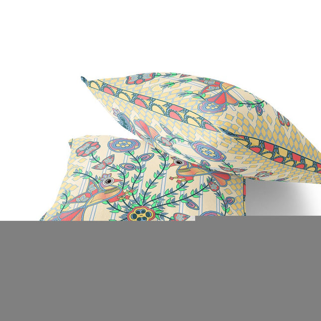Set of Two Yellow Blue And Pink Peacock Indoor Outdoor Throw Pillow HomeRoots