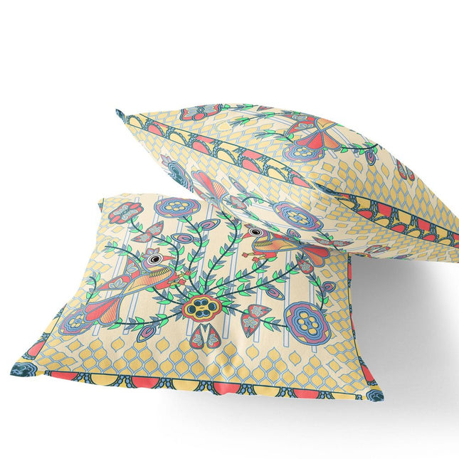 Set of Two Yellow Blue And Pink Peacock Indoor Outdoor Throw Pillow