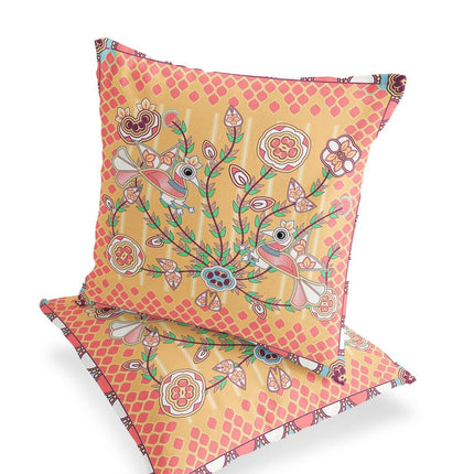 Set of Two Yellow Peach And White Peacock Indoor Outdoor Throw Pillow