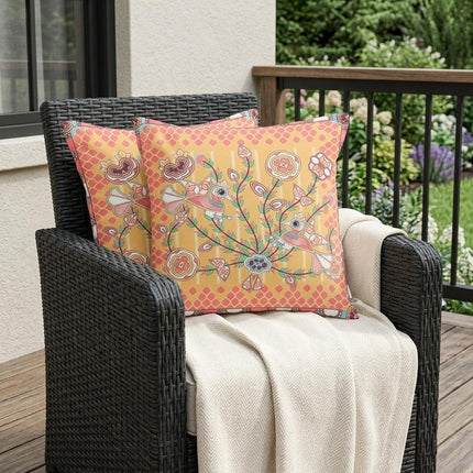 Set of Two Yellow Peach And White Peacock Indoor Outdoor Throw Pillow