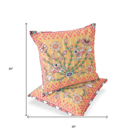 Set of Two Yellow Peach And White Peacock Indoor Outdoor Throw Pillow HomeRoots