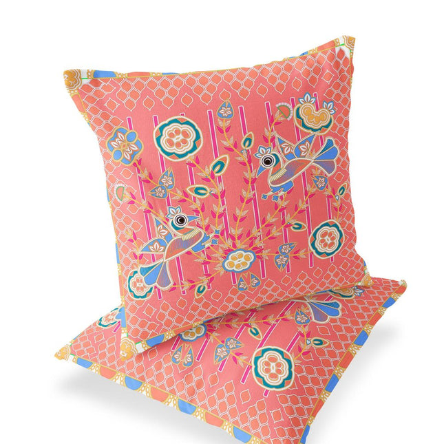 Set of Two Peach And Blue Peacock Indoor Outdoor Throw Pillow