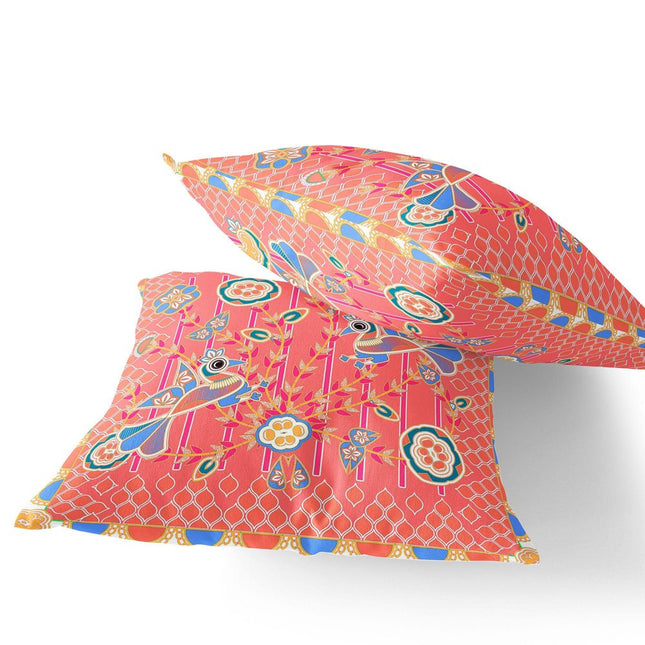 Set of Two Peach And Blue Peacock Indoor Outdoor Throw Pillow