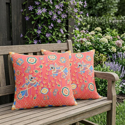 Set of Two Peach And Blue Peacock Indoor Outdoor Throw Pillow HomeRoots