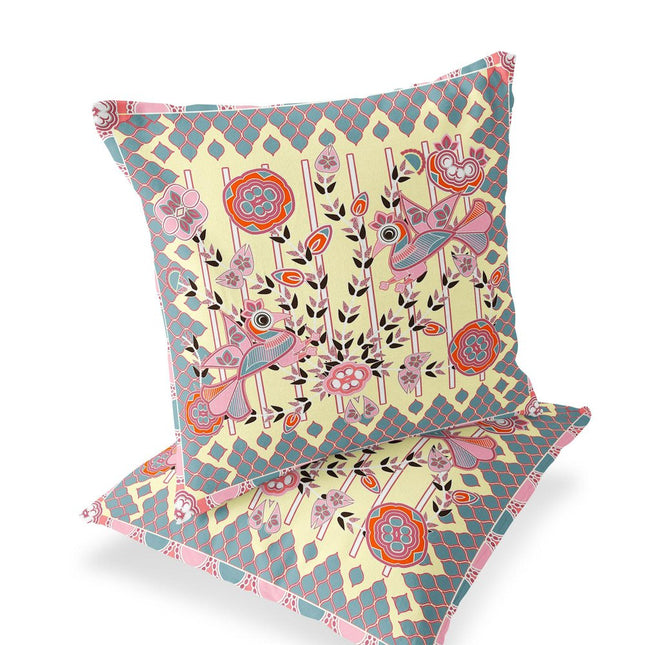 Set of Two Yellow Pink Orange And Gray Peacock Indoor Outdoor Throw Pillow