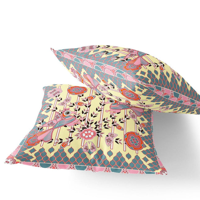 Set of Two Yellow Pink Orange And Gray Peacock Indoor Outdoor Throw Pillow